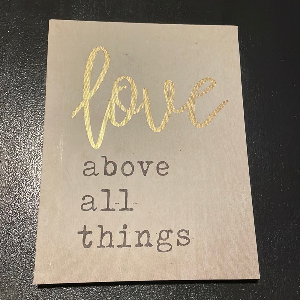 “Love above all things” canvas wall art. Gold, black, and creme.